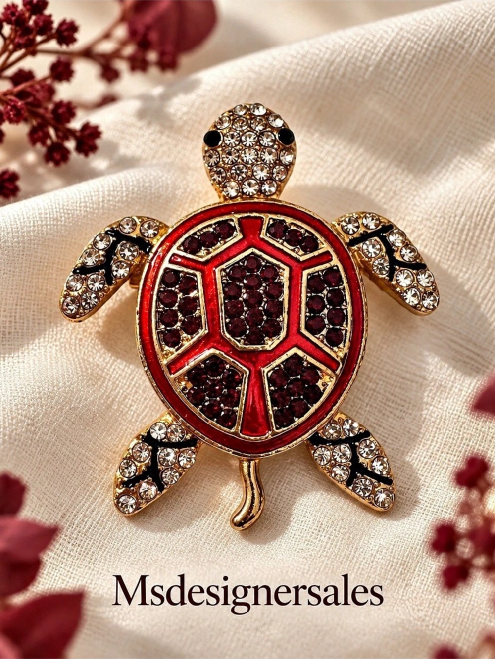 Jeweled Turtle Brooch in Gold & Red Like New 212